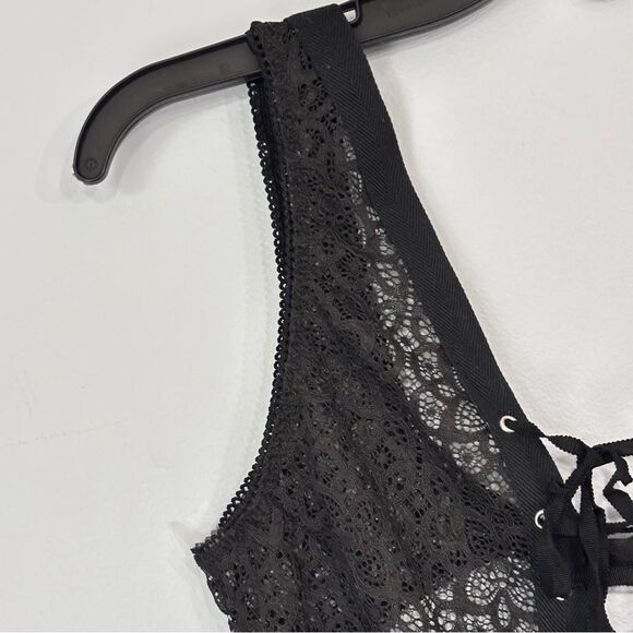 Victoria's Secret Dream Angels Sheer Black Lace Up Thong Teddy Bodysuit Medium - Picture 8 of 16